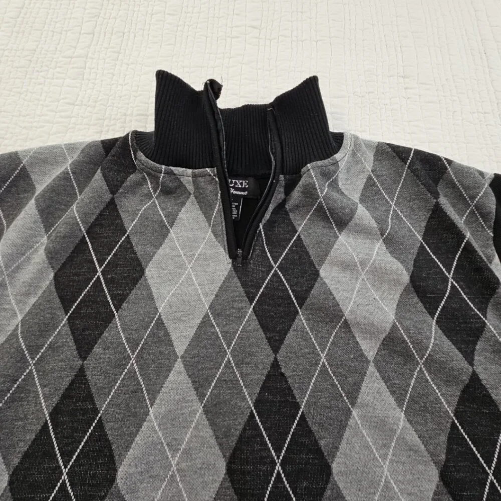 Deluxe Homme 1/4 Zip Pullover Sweater Men's XL Black & Gray‎ Harlequin Luxury